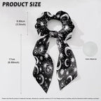 Green Star Hair Ties Elastic Ribbon 2 Pack Sun Moon Black Knotted Bow Hair Scrunchies for Girls No Damage Ponytail Scrunchy with Long Tails