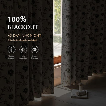 Beauoop Floral 100% Blackout Curtains Bedroom Green Brown 52x90 2 Panels | Rose - Image 2