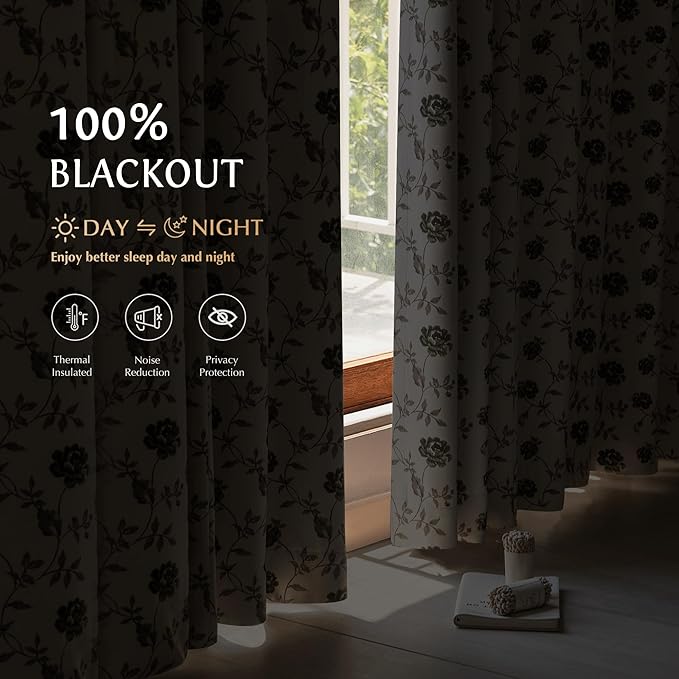Beauoop Floral 100% Blackout Curtains Bedroom Green Brown 52x96 2 Panels | Rose - Image 3