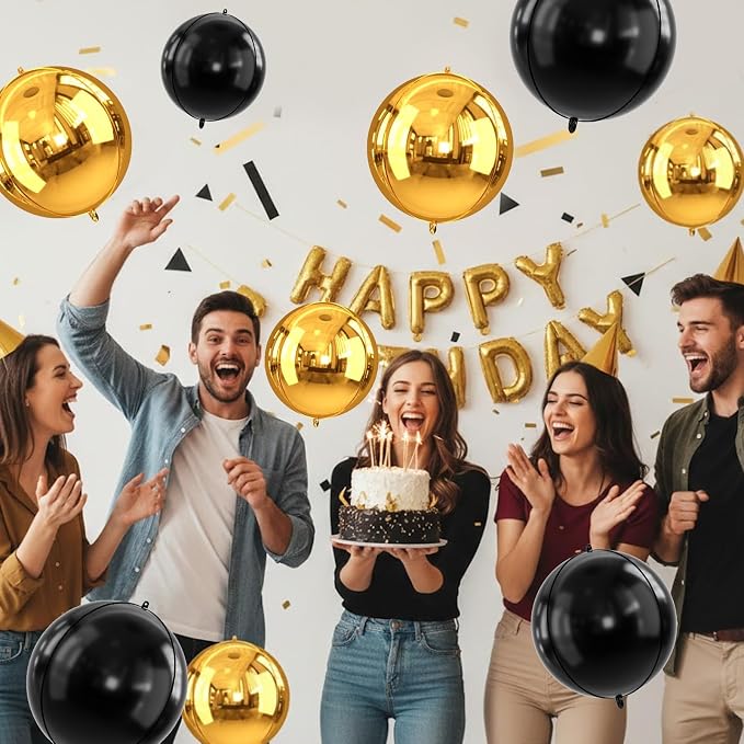 Gold and Black Round Foil Balloons, Metallic Gold Black Foil Baloon - Image 8