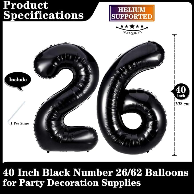 Black 26 Number Balloons, 40 Inch Giant Number 26 Balloons Foil Mylar Helium - Image 2