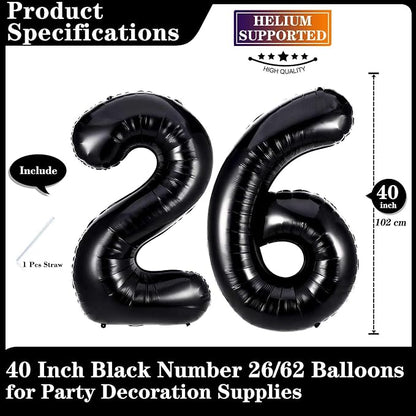 Black 26 Number Balloons, 40 Inch Giant Number 26 Balloons Foil Mylar Helium - Image 2