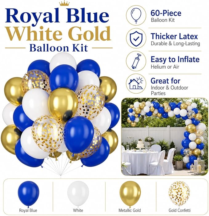 Balloons Royal Blue White Gold Balloons - Image 8