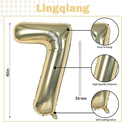 40'' Champagne Gold Number 7 Balloon, Self Inflating Foil Number Balloons Set - Image 2