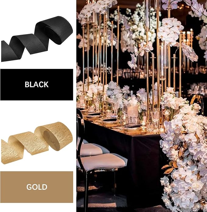 PartyWoo Black Gold Crepe Paper Streamers 6 Rolls 492 FT Streamers | Birthday - Image 3