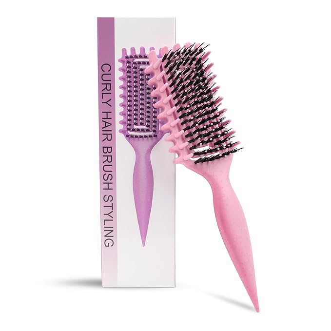 Curly Hair Brush Pink, Vented Curl Defining Brush for Effortlessly Detangling Shaping and Styling Women's Men's Curls on All Wet or Dry Hair Types, Reduces Frizz