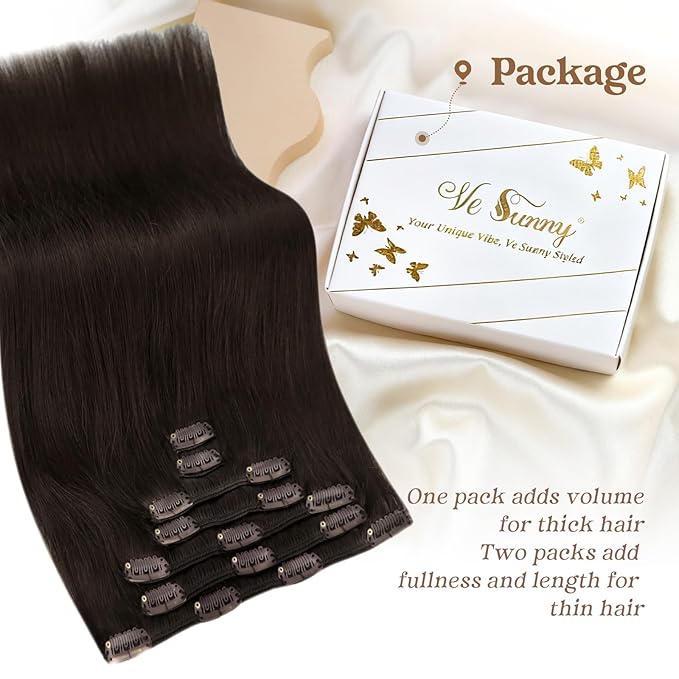 Ve Sunny Clip in Human Hair Extensions Dark Brown Clip in Hair Extensions Real Human Hair Soft Real Hair Extensions Clip in Human Hair Natural Look 120g 7pcs 18inch