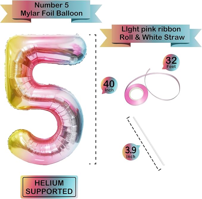 40 Inch Giant Rainbow Number 5 Balloons, Birthday Balloons, Helium Mylar Foil - Image 2