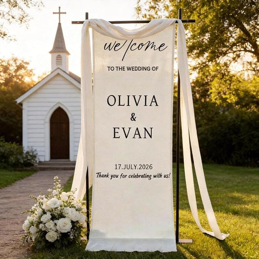 Personalized Wedding Welcome Banner Linen – Custom Names & Date, Elegant Fabric by Custom