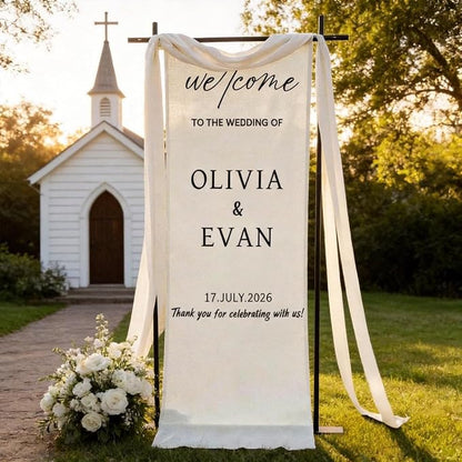 Personalized Wedding Welcome Banner Linen – Custom Names & Date, Elegant Fabric - Image 2