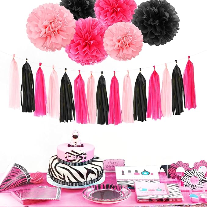 Hot-Pink Black Party-Decorations Paper Flower Streamers - Image 7