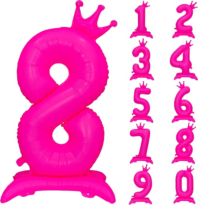 Fluorescent Pink Crown Number 8 Foil Balloon Neon Glow In The Dark Balloon | by YOIOZAIZAI