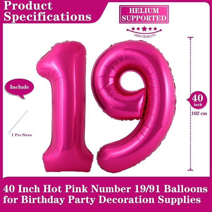 Hot Pink 19 Number Balloons, 40 Inch Giant Number 19 Balloons Foil Mylar Helium - Image 2