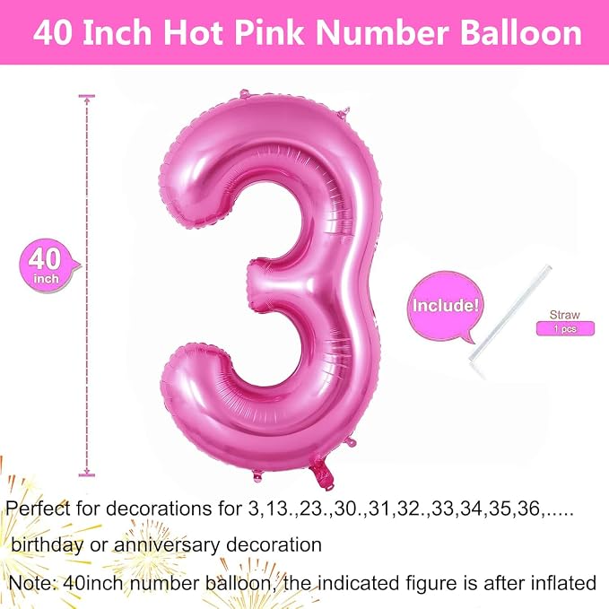 Pink Number Balloons, Large Hot pink Number 3 Balloon 40 Inch Pink 3 Balloon - Image 2