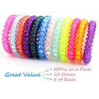 79STYLE 50pcs Spiral Hair Ties For Women Phone Cord Ponytail Holders Colorful Hair Coils Plastic Scrunchies Bulk Hair Ties Coil Hair Bands Bracelets For Grils (Crystal10 Colors -Large Size)
