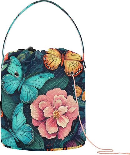 Blue Butterfly Flowers Yarn Bag Small Crochet Bag Drawstring Yarn Storage by Tatenale