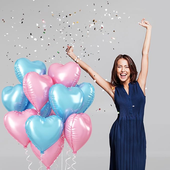 Pink Blue Heart Balloons, 18 Inch Pastel Blue Pink Foil Heart Balloons Pearl - Image 5