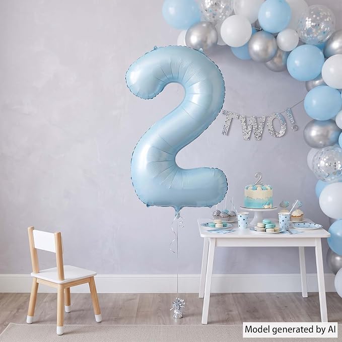 Baby Blue Number 2 Balloon 40 Inch, Muted Pastel Digit Theme Party Supplies | - Image 7