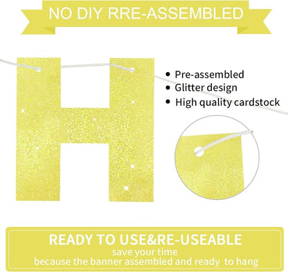 BEISHIDA Pre-Strung Glitter Yellow Happy Birthday Banner Party Sign Decor | NO - Image 3