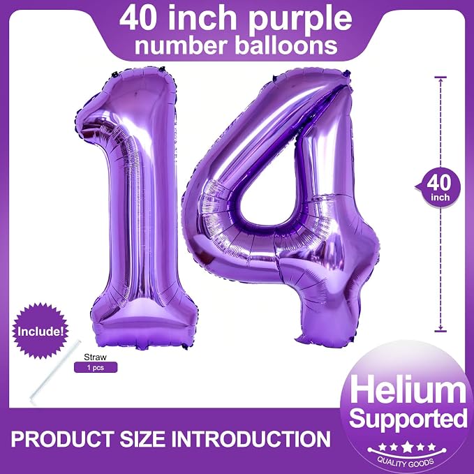 Number 14 Purple Balloons 40 Inch Giant Purple 14 Number Foil Helium Balloons - Image 2