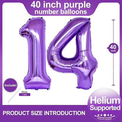 Number 14 Purple Balloons 40 Inch Giant Purple 14 Number Foil Helium Balloons - Image 2