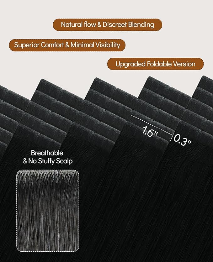 VINBAO Invisible Hair Extensions Tape in Invisi Edge, Jet Black 60g 20pcs 22in Injected Tape in Extensions Virgin Human Hair Thick Seamless Natural Blend 22inch #1