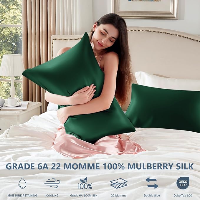 Silk Pillow Cases King Size 100% Mulberry Silk Pillowcase for Hair & Skin 22 Momme Both Sided Grade 6A Silk Cooling Soft Breathable 20 x 36 Inches with Hidden Zipper 1PC, Green