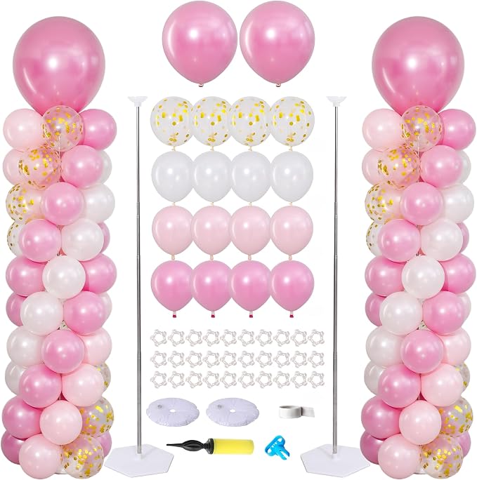 Pearl Pink Gold White Balloon Column Stand Kit of 2 by ZyloonDecoration