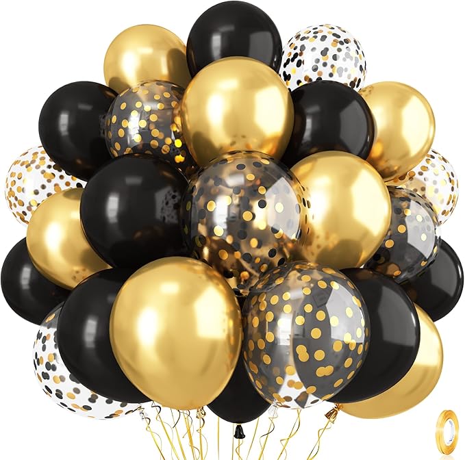 Isndare Black and Gold Confetti Balloons, 12 Inch Black Metallic Gold Latex by Isndare