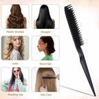 3-Row Rat Tail Styling Comb Set, 8 Inch Detangling Parting Hair Comb Black Rat Tail Styling Combs Flexible Hair Stylings Combs for Detangling, Defining Curls, and Sectioning Hairs (2 PCS)