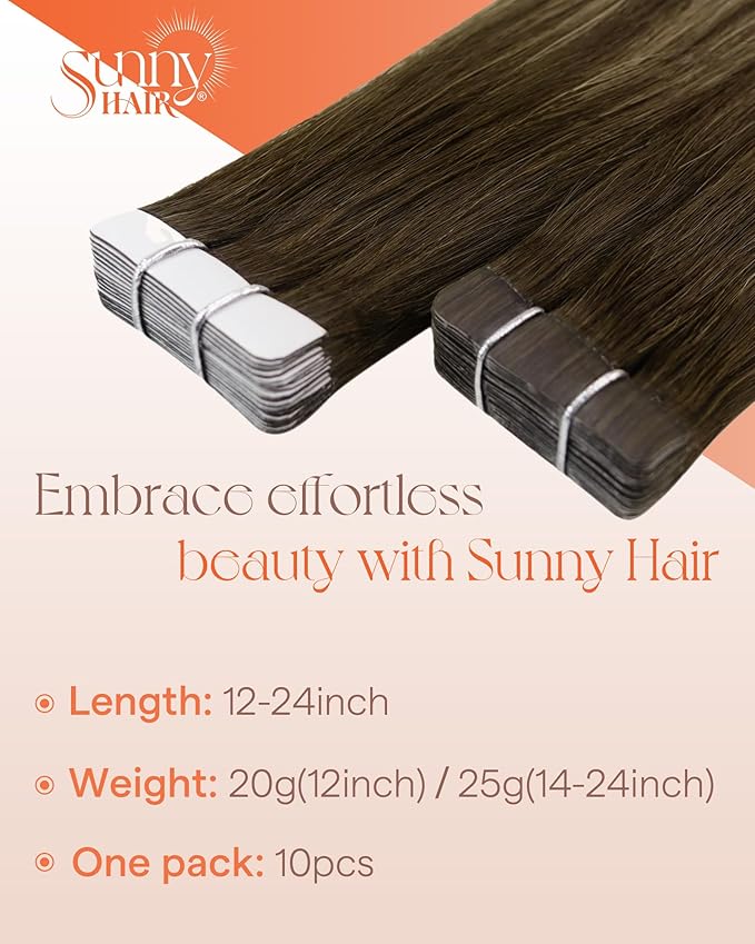 Sunny Hair Tape in Hair Extensions Real Human Hair Invisible Remy Hair Extensions Tape ins for Women Dark Brown Ombre Caramel Blonde Balayage 24 inch 25G