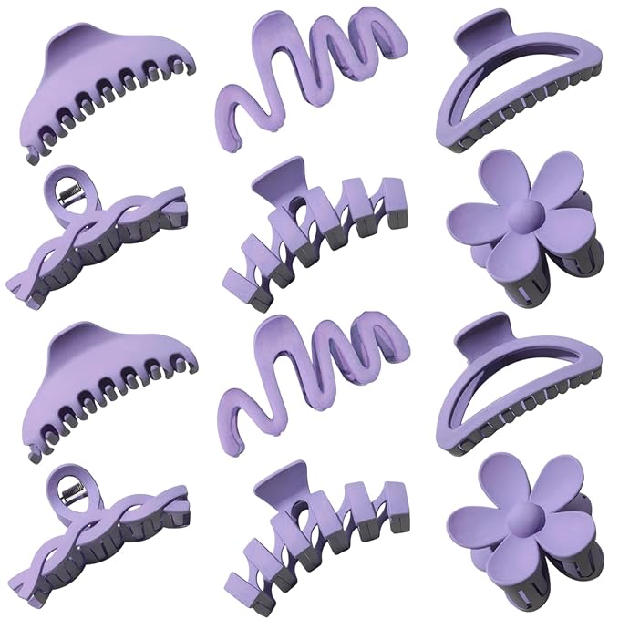 12 Pcs Claw Clips, Multi-Shapes Hair Clips for Women Girls, Non-Slip Large Jaw Claw Clips for Thick Thin Curly Hair Accessories (Purple)