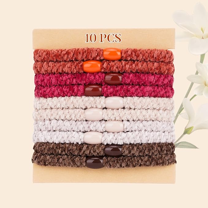 Braided Hair Ties No Damage, Soft Plush Hair Elastics, Ponytail Holders & Hair Bands for Women & Girls, Thick Hair, Stretch Wrist Bracelet Ties, Gentle All-Day Hold, Set of 10 - Ember Glow