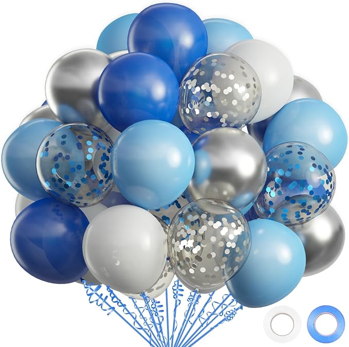 62pcs Blue Silver White Confetti Balloons Kit, 12 Inch White Royal Blue by OuMuaMua
