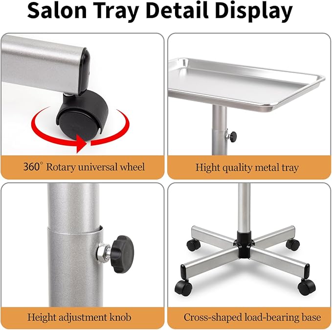 Salon Tray on Wheels, Rolling Tattoo Tray, Adjustable Hair Stylist Tray, Metal Mayo Stand Tray, Salon Color Tray Use As Medical Tray, No-Rusting
