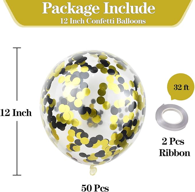 50pcs Gold Black Foil Confetti Balloons, 12 inch Latex Balloon - Image 2