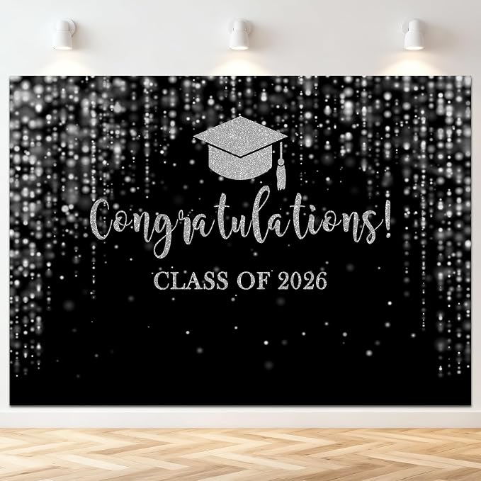 Mocsicka Class of 2026 Backdrop Black Silver Glitter Bokeh Graduation Party by Mocsicka