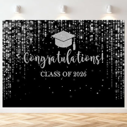 Mocsicka Class of 2026 Backdrop Black Silver Glitter Bokeh Graduation Party by Mocsicka
