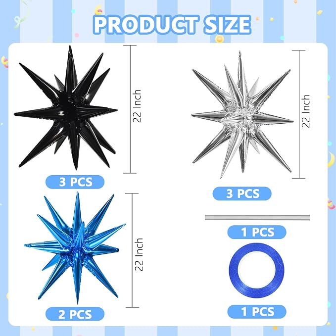 TONIFUL 8Pcs Blue Black Silver Explosion Star Foil Balloon Party Decoration | - Image 2