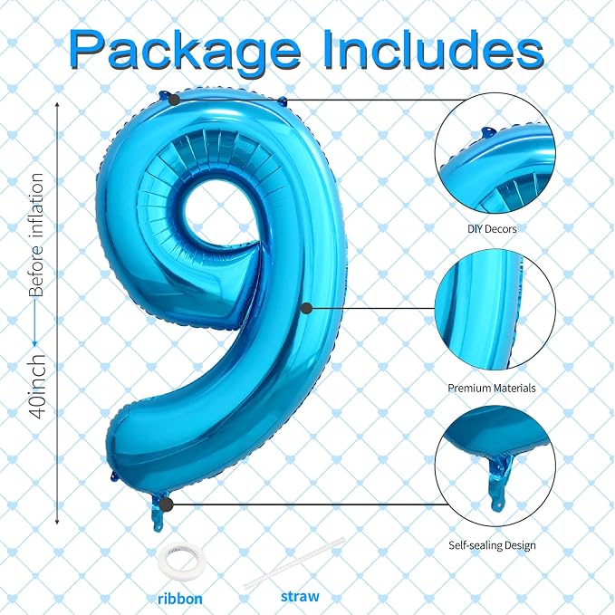 40 Inch Blue Number 9 Balloon, Giant Number Balloons, Birthday Decorations | - Image 3