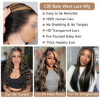 AMIRTY 32 Inch 9x6 Glueless Wigs Human Hair Pre Plucked pre cut Ombre Lace Front Wig Human Hair Wear and Go Glueless Wig 180% Density 1B/30 Highlight Body Wave Wig HD Colored Wigs
