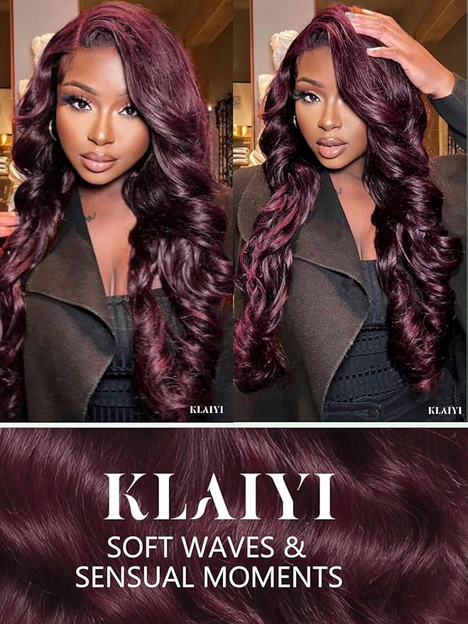 KLAIYI Black Cherry Loose Body Wave Pre Eeverything 13x4 Lace Frontal Wigs Human Hair Bye Bye Knots Glueless Ready to Wear and Go Wig with Face Framing Bangs Drawstring Pre Plucked Burgundy Wig 26Inch