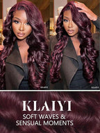 KLAIYI Black Cherry Loose Body Wave Bye Bye Knots Glueless Wig 7x5Precut Lace Front Wigs Human Hair Drawstring Pre Plucked Bleached 30S Ready to Wear and Go Wig with Face Framing Bangs Burgundy 18Inch