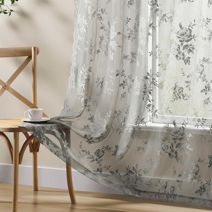 Gray Lace Curtains 102 Inches Long 2 Panels Grey Sheer Floral Curtains - Image 5