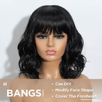 NOBLE Black Bob Curly Wavy Wig with Bangs for Women, Natural, Heat Resistant Synthetic Fiber Wig for Daily Party Cosplay Costume