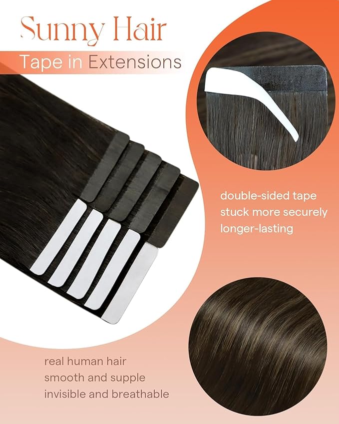 Sunny Hair Tape in Hair Extensions Real Human Hair Invisible Remy Hair Extensions Tape ins for Women Darkest Brown Ombre Medium Brown Balayage 24 inch 25G