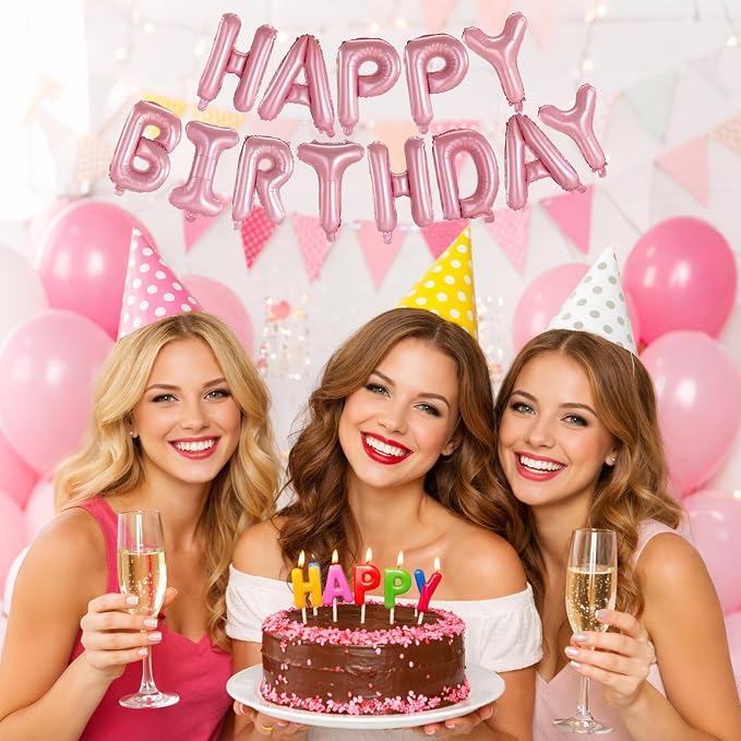 Pink Happy Birthday Balloons Banner, 16 Inch Pink Letters Aluminum Foil Balloon - Image 3