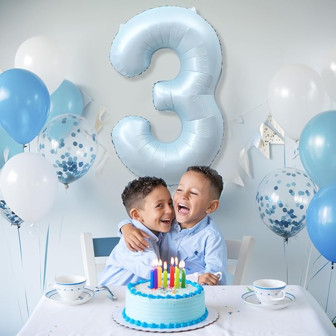 3rd Birthday Balloons for Boys, Pastel Sky Blue Large Mylar 3 Balloon Number - Image 3