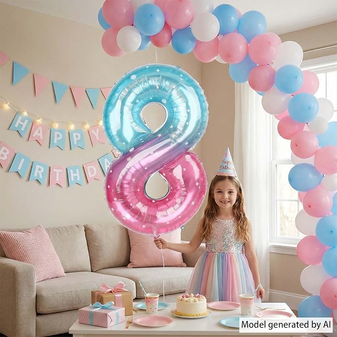 40 Inch Pink Blue Number 8 Balloon, Large Gradient Foil 8 Balloon - Image 3