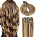 SURNEL Human Hair Extensions Clip in 22 Inch 6pcs 120g Real Human Hair Extensions Chocolate Brown and Caramel Blonde Clip in Hair Extensions (#4P27,22'')